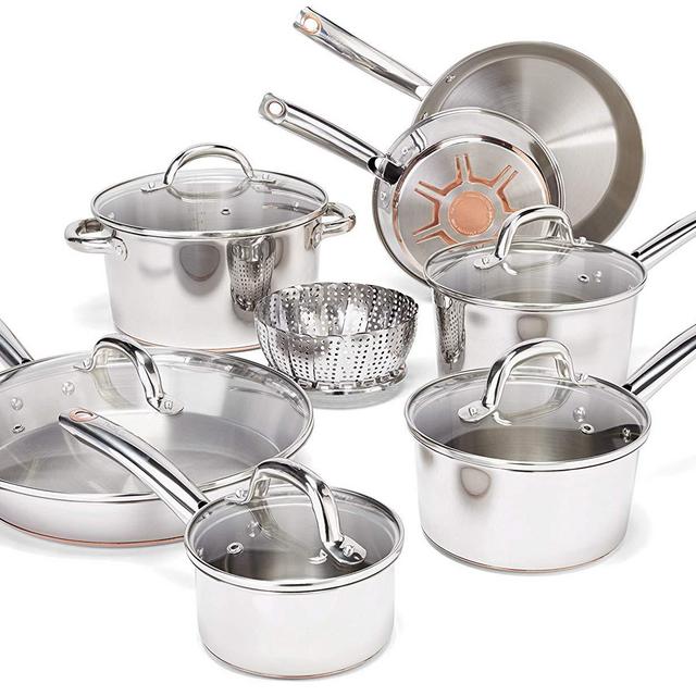 T-fal Stainless Steel Cookware Set, Pots and Pans with Copper-Bottom, 13-Piece, Silver, Model C836SD