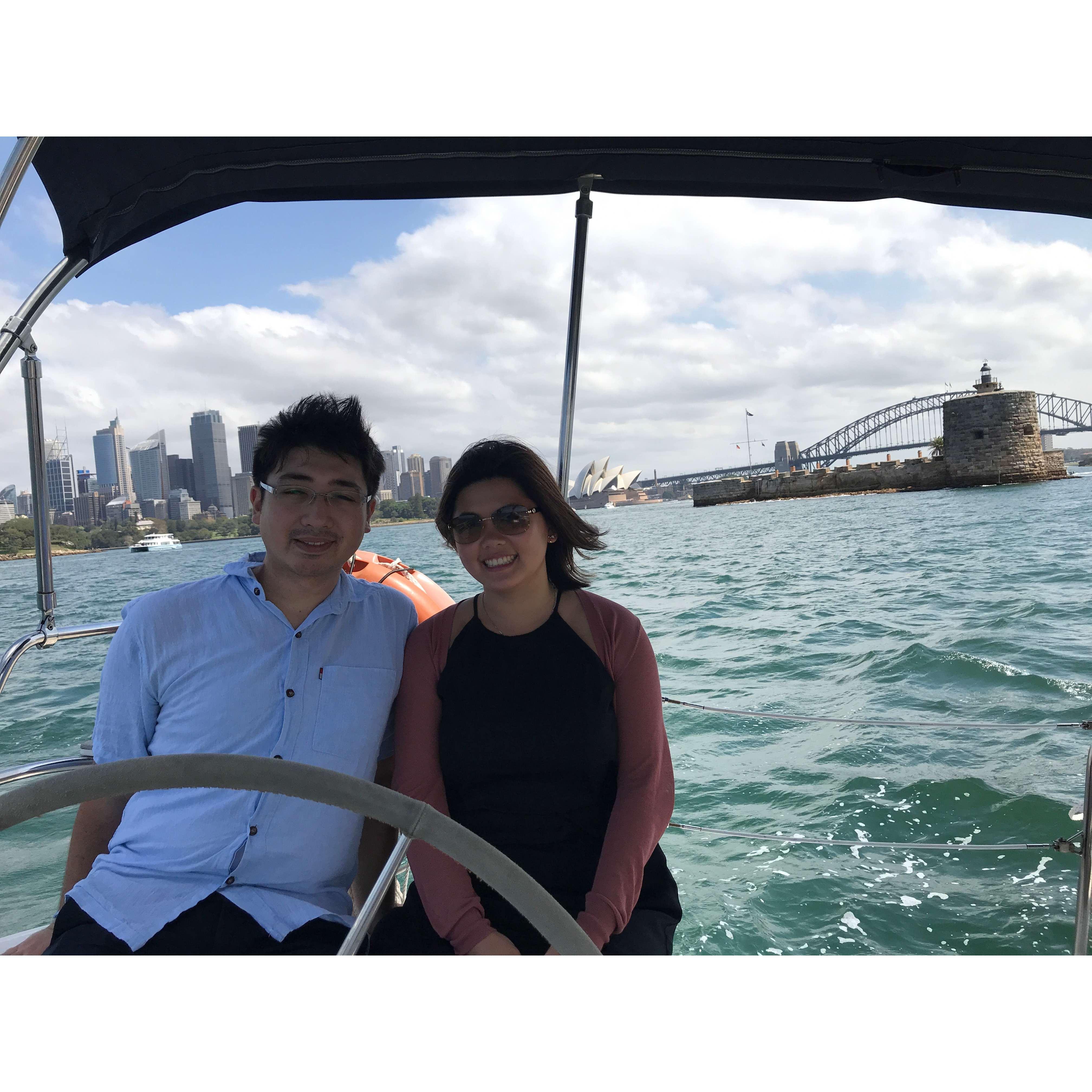 Cruising around Sydney harbor in 2018 with Grace's parents.