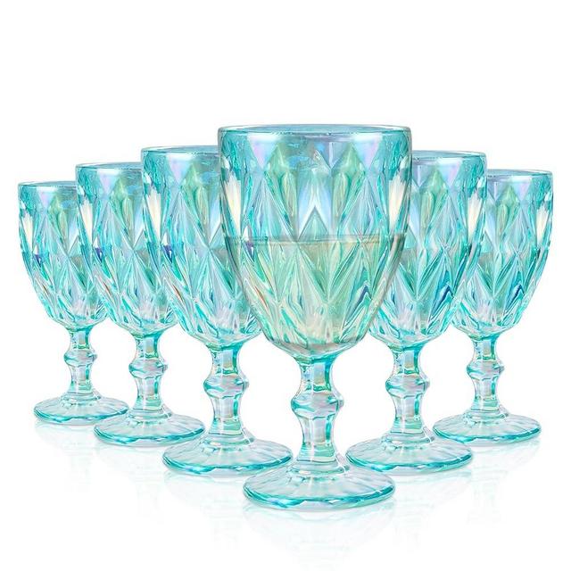 StarLuckINT Vintage Goblet Glasses Set of 6, 10oz Embossed Rhombus Wine Glasses, Colored Plating Glassware for Juice Water Red Wine Cocktail Whiskey Wedding Party Everyday, Lake Green