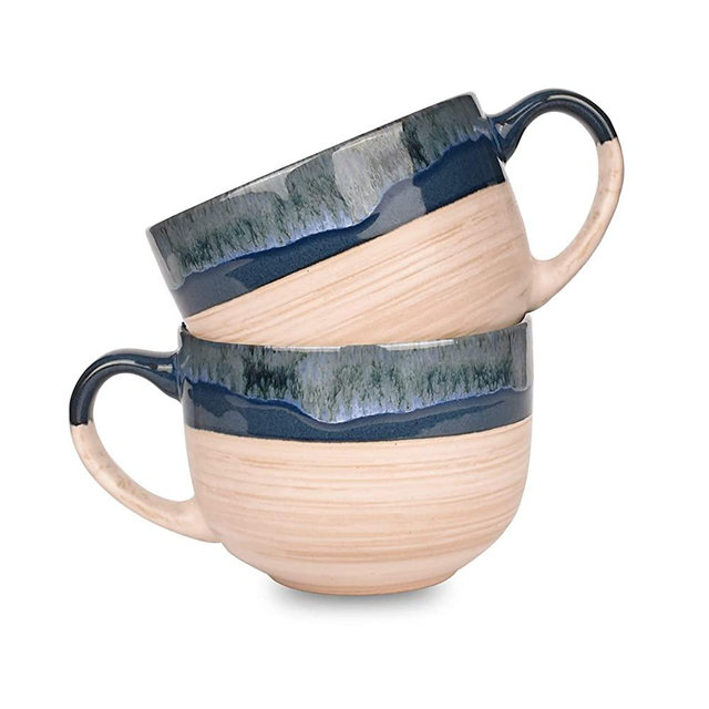 Bosmarlin Large Stoneware Coffee Mug Set of 2, Big Tea Cup for Office and Home, 16 Oz, Dishwasher and Microwave Safe, (Prussian Blue, 2)