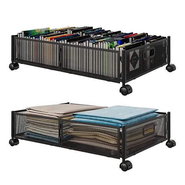 Under Bed Storage With Wheels Under bed Storage Containers Removable Large Wrought Iron Foldable Space-saving Under Bed Shoe Storage Organizer Drawer on Wheels for Clothes Movable(2 pieces, Black)