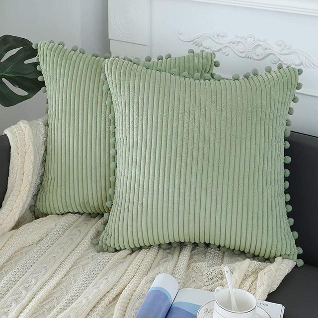 sykting Sage Green Pillow Covers 18x18 inch Soft Striped Boho Farmhouse Decorative Throw Pillow Covers with Pom Poms for Couch Sofa Bed Chair Outdoor Pack of 2