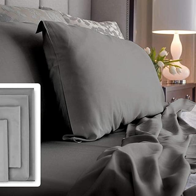 LUXOME 100% Bamboo Sheet Set | Queen Size | 400tc Luxury Bamboo | Grey | 4-Piece Set (Fitted, Flat, 2 Pillowcases)