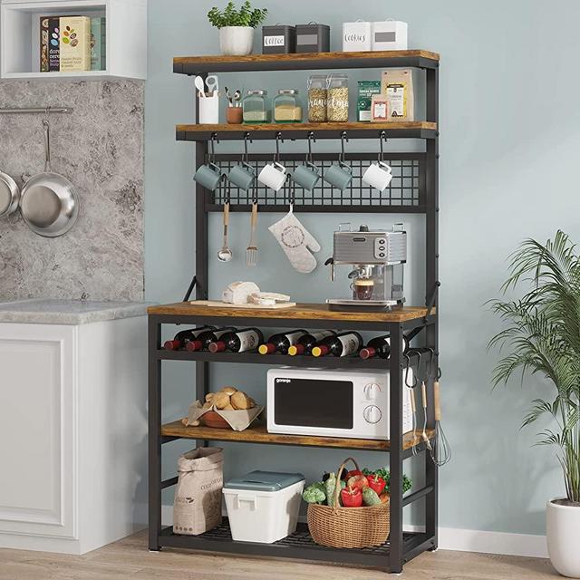 Itaar 6-Tier Baker's Rack, Industrial Microwave Oven Stand with Wine Rack and 12 Hooks, Free Standing Microwave Stand, Bakers Racks for Kitchens with Storage, Rustic Brown