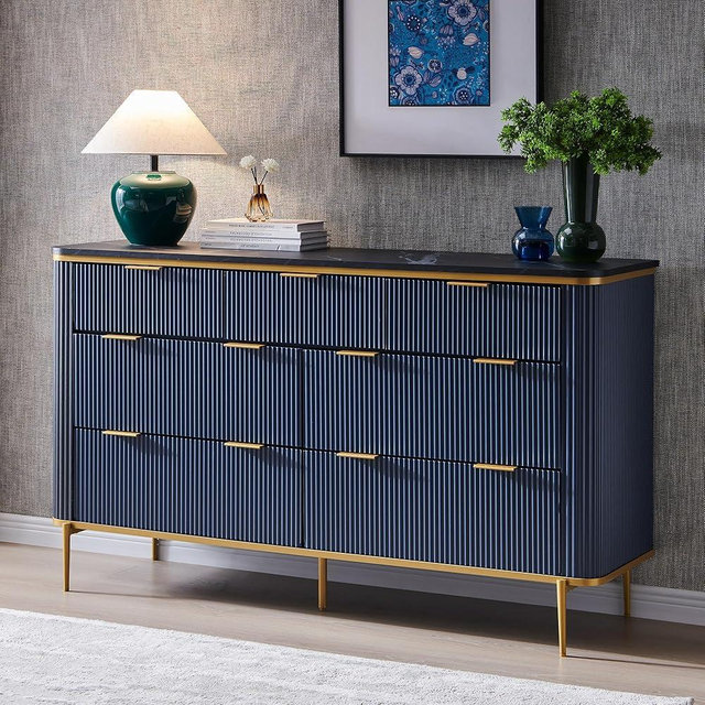 T4TREAM Fluted 7 Drawers Dresser for Bedroom, 54" Wide Modern Dresser TV Stand, Gold Accents, Fluted Fronts, Wood Storage Dressers Organizer for Bedroom, Living Room, Navy Blue
