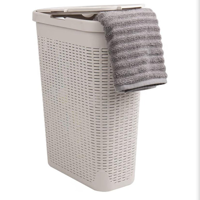 Mind Reader Slim Laundry Hamper with Lid, 40L Clothes Basket, Narrow Tapered Design with Ventilated Cutout Pattern, Plastic, Ivory