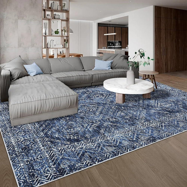 GarveeHome Washable Rug 9x12 Area Rug for Bedroom Vintage Living Room Rug Neutral Farmhouse Non Slip Large Area Rug Soft Throw Rugs Stain Resistant Carpet for Dining Room Nursery Navy 9'x12'