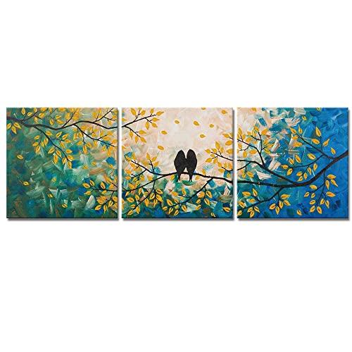 DekHome 3 Piece Birds Canvas Wall Art Loving Birds on Tree Branch Painting Picture Green and Yellow Artwork Stretched and Framed Ready to Hang 16x16inchx3pcs