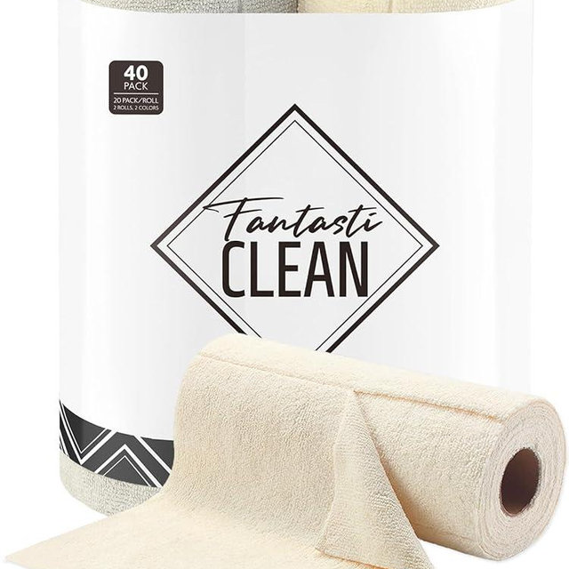 Fantasticlean Tear-Away Dish Cloth - 40 Sheets - 10'' by 10'', Reusable Washable Kitchen Towel Rolls, Super Absorbent and Thick Microfiber Cleaning Cloths (2 Rolls of Beige and Grayish)