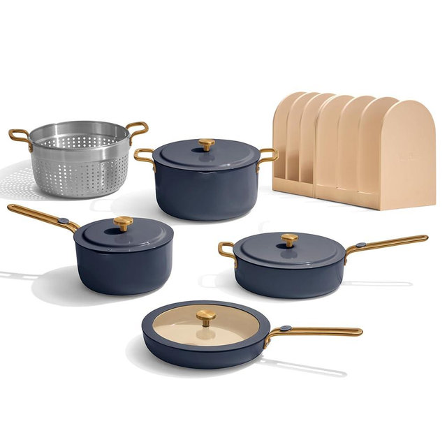 Our Place 11-Piece Essentials Complete Cookware Set - Ceramic Fry Pan, Saucepan, Sauté Pan, Stock Pot, Strainer Basket & Rack Storage | Thermakind™ Nonstick, Oven Safe up to 450°F | Blue Salt