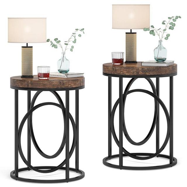 Tribesigns Modern Round End Table Set of Two with Thick Wood Top, 20”Sofa Side Table Coffee Table with Unique Black O-Shaped Base, Midcentury Accent Table Nightstand for Living Room Bedroom