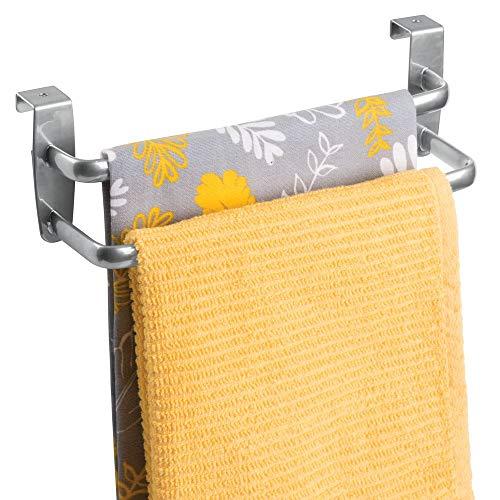 mDesign Modern Kitchen Over Cabinet Strong Steel Double Towel Bar Rack - Hang on Inside or Outside of Doors - Storage and Organization for Hand, Dish, Tea Towels - 9.75" Wide - Silver