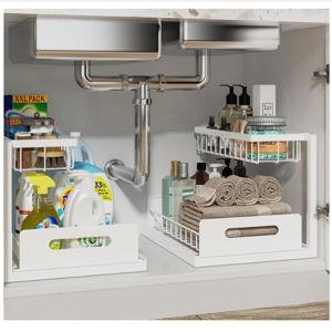 REALINN Under Sink Organizer, Pull Out Cabinet Organizer 2 Tier Slide Out Sink Shelf Cabinet Storage Shelves, Storage for Kitchen Bathroom, White, 2 Pack