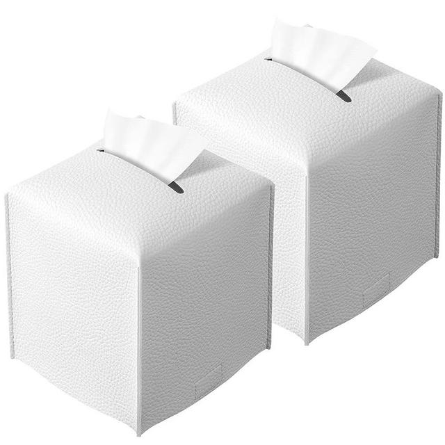 REGELETO Off-White Tissue Box Cover, Pu Leather Square Tissue Box Holder with Bottom Belt Modern Stylish Tissue Box Organizer for Home, Car, Hotel, Office 5"X5"X5" (Off-White-2Pack)