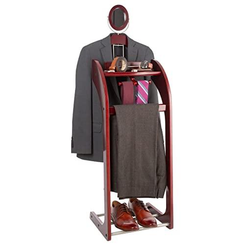 StorageMaid Clothes Valet Stand with Mirror – Beautiful Hardwood Wardrobe Valet Stand for Clothes with Trouser Bar, Jacket Hanger, Tray Organizer, Tie & Belt Hook and Shoe Rack (Mahogany)