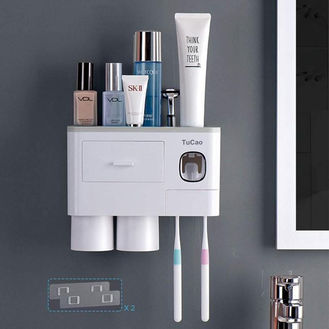 TuCao Automatic Toothpaste Dispenser Squeezer Kit with Toothbrush Holder Wall Mounted, 6 Toothbrush Slot with Cover, 2 Magnetic Cups and Cosmetic Organizer Drawer(2 Cups)