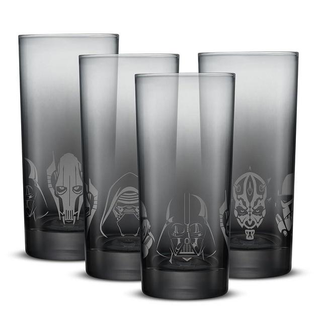 JoyJolt Star Wars Dark Side Drinking Glasses Set of 4, 15oz Highball Glasses, Tall Glass Cups ft Darth Vader Stormtrooper Darth Maul Kylo Ren and General Grievous, Star Wars Merch
