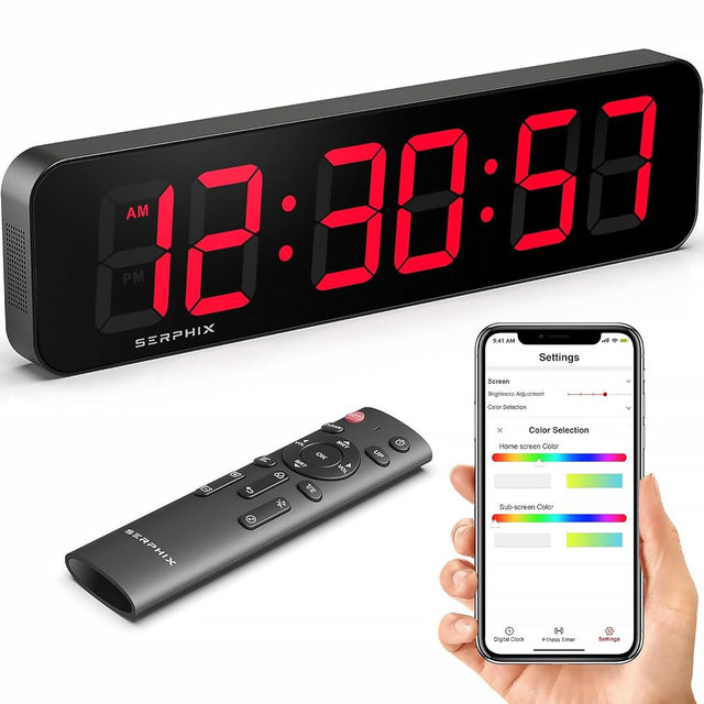 SERPHIX 15.2" Large Digital Wall Clock with Seconds, App & Remote Control, Customizable RGB Colors, Alarms, Stopwatch, Countdown, Timer Clock for Home Gym Living Room Office Garage Decor