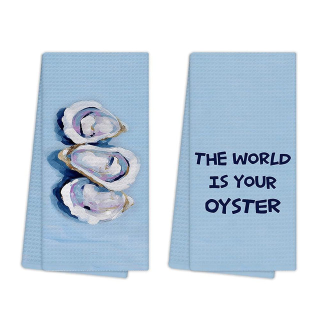 EGBTL Oyster Coastal Kitchen Towels, Blue Preppy Beach Nautical Hand Towels for Bathroom Decor, The World is Your Oyster Inspirational Dishcloths Dish Towel for Kitchen 16x24 Inches