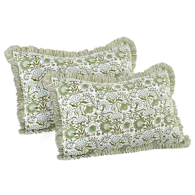CPC Agate Green 100% Cotton Block Print Ruffle Sham Cover 20X30 inch Pack of 2, Handmade Boho Floral Pillowcase, Soft Decorative Queen Bed Pillow Cover for Bedroom Décor