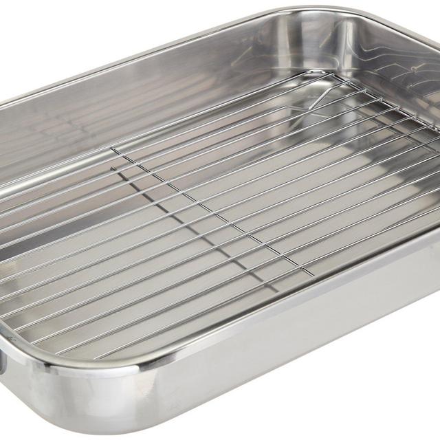 ExcelSteel Multiuse with Rack and Foldable Handles for Easy Storage Stainless Steel Roasting Pan, 16.5"