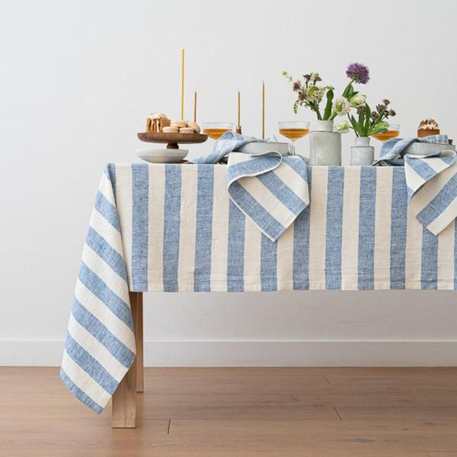 Philippe Striped Linen tablecloth in Blue/Off White. Round, square, rectangular table linens. Heavy weight