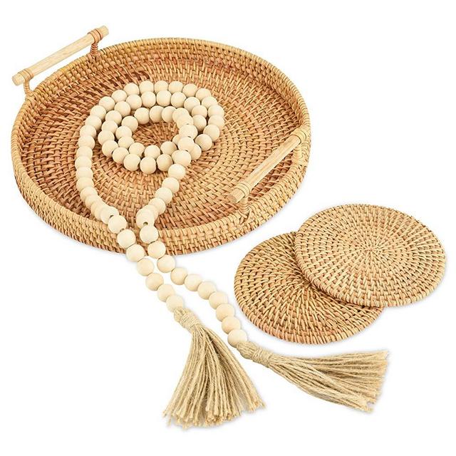 Round Rattan Serving Tray with Handles Handmade Decorative Woven Baskets with Rustic Wood Bead Garland and Coasters for Fruit Bread Serving Farmhouse Boho Wall Home Decor