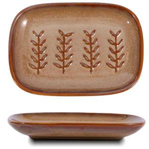 Aesthetic Ceramic Soap Dish for Shower, Soap Holder with Raised Relief, Shower Soap Dish for Shampoo Bar Or Sponge, Soap Saver for Bathroom, Kitchen, Sink, Decorative Soap Tray (Brown)