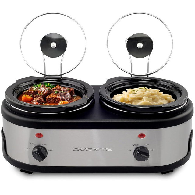OVENTE Double Slow Cooker, Buffet Server and Warmer with Two 1.5Qt Removable Ceramic Pot, Adjustable Temperature Control and Tempered Glass Lid for Parties, Gatherings and Holidays, Silver SLO215BR