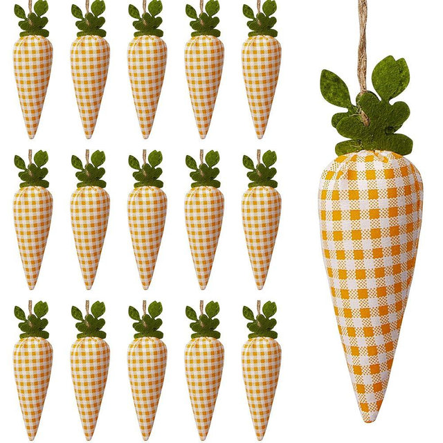 SHANGXING 16PCS Easter Carrot Hanging Ornaments- Plaid Print Pattern Easter Artificial Mini Carrot Hanging Ornaments for Easter Party Home DIY Craft Decor