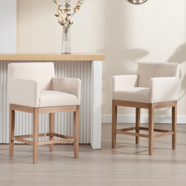 Ya-Home 26’’ Bar Stools Set of 2, Modern Farmhouse Counter Height Barstools Linen Fabric Bar Chairs with Armrest for Kitchen Island Dining Room, Beige