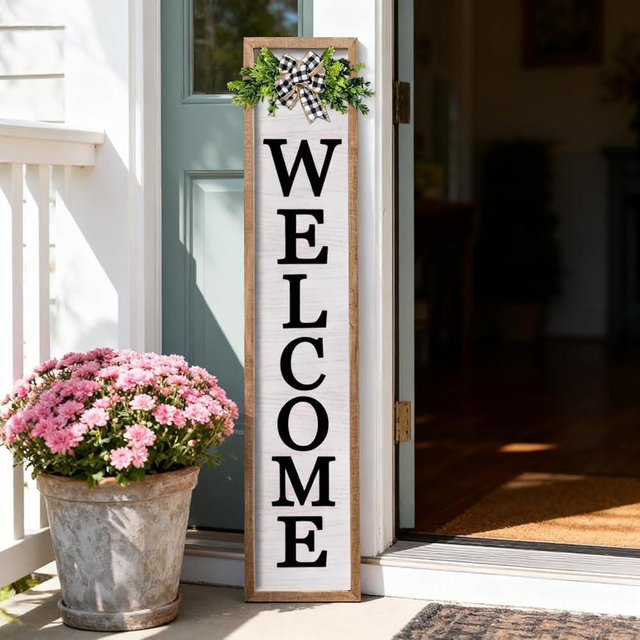 3D Outdoor Welcome Sign for Front Porch Standing 45"X9" Large Rustic Farmhouse Leaner Tall Vertical Soild Wooden Framed Plaque Modren Beautiful Outside Home Front Door Decorations (Wood White)
