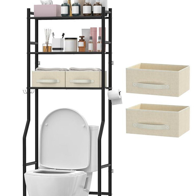 GloTika 3 Tier Over The Toilet Storage Rack with 2 Basket, Metal Freestanding Bathroom Shelves Toilet with Paper Holder and 4 Hooks, Over Toilet Storage Shelf for Bathroom Storage, Black