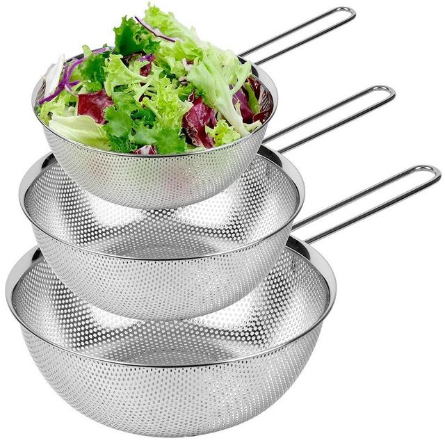 COMPORT K Premium 18/8 304 Stainless Steel Strainer Set of 3 with Long Handle, Micro-Perforated Colanders 1.5-2.5-4 Quart Set, Self-Draining Solid Base for Pasta, Fruits, Vegetables, Made in Korea