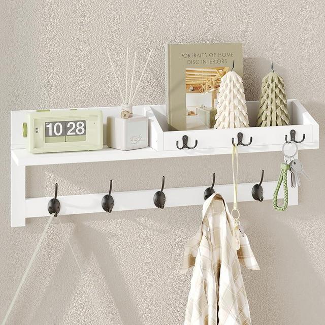 AMBIRD Wall Hooks with Shelf 26.57inch Entryway Wall Hanging Shelf Wood Coat Hooks for Wall Coat Rack Wall Mount Rack with 5 Dual Hooks 3 Key Hooks Mail Organizer and Key Rack Key Holder (White)