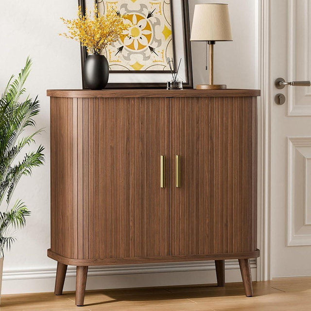 Lulive Walnut Buffet Cabinet, Sideboard Buffet Storage Cabinet with Rolling & Sliding Doors, Modern Bar Cabinet for Kitchen & Dining Room