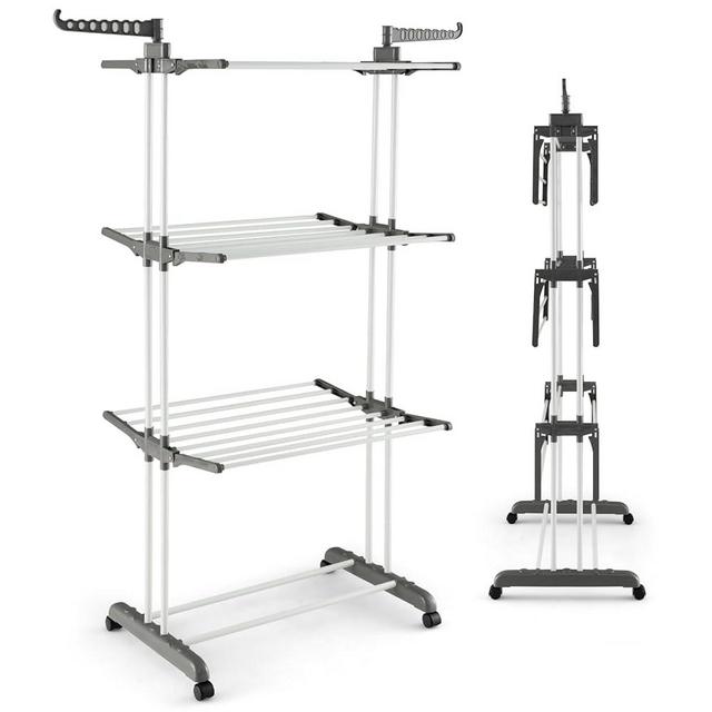Giantex Foldable Clothes Drying Rack, Oversized 4-Tier Collapsible Laundry Rack w/ 3 Retractable Trays, Hanger Holders, Moveable Laundry Garment Dryer Stand w/Wheels for Indoor Outdoor Use