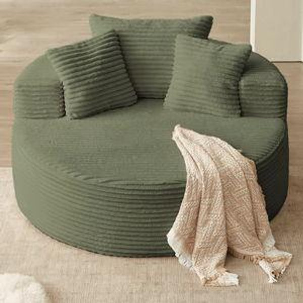 Oversized Round Chair Lounge Chaise Indoor, Upholstered Corduroy Deep Seat Cloud Large Circle Sofa Chair, No Assembly Required, Fluffy Modern Sleeper Sofa Bed for Reading, Living Room, Light Green