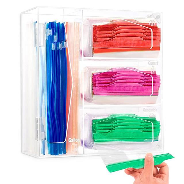 Acrylic Ziplock Bag Storage Organizer for Drawer Space Aid Baggie Organizer Dispenser Sandwich Ziploc Food Storage Bag Organizer for Kitchen Assorted Sizes Ziplock Holder (Clear)