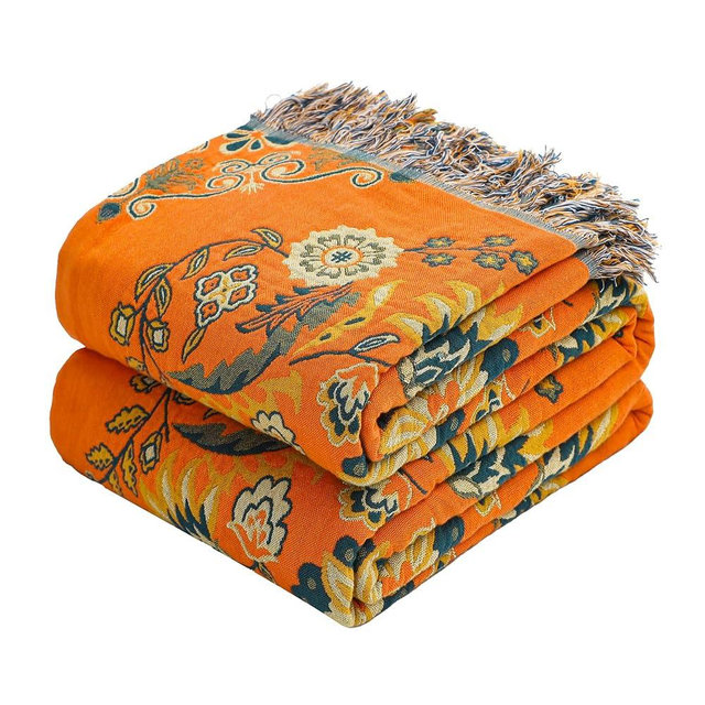 VANJOROY Boho Large Throw Blanket, 100% Organic Cotton Breathable Soft Bed Throw - Floral Farmhouse Decor Blanket for Sofa Couch Chair and Gift. 91" x 98"- Orange