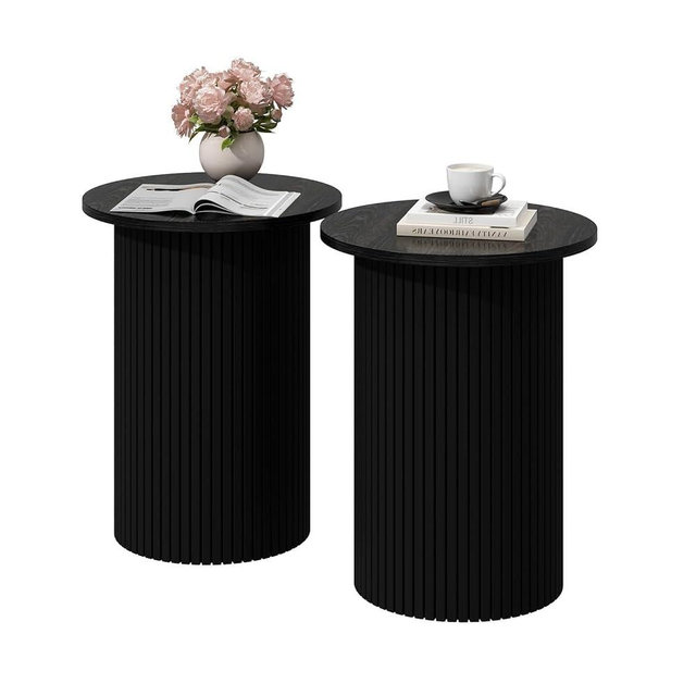 Wnutrees Round Fluted End Table, Small Accent Pedestal Side Table, Wood Fluted Nightstand Bedside Table for Living Room, Handcrafted Finish, Black, 2Pack