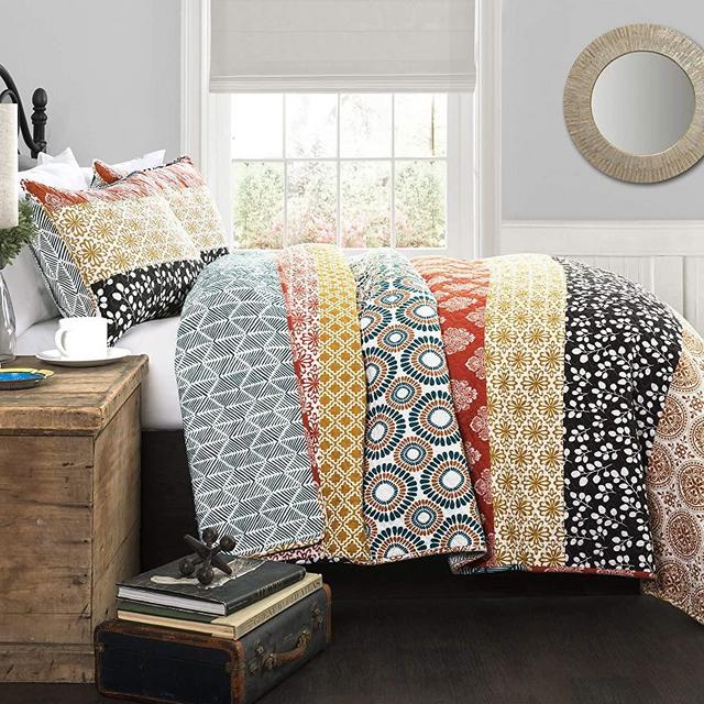 Lush Décor Bohemian Striped Quilt Reversible 3 Piece Colorful Boho Design Bedding Set, Full/Queen, Turquoise