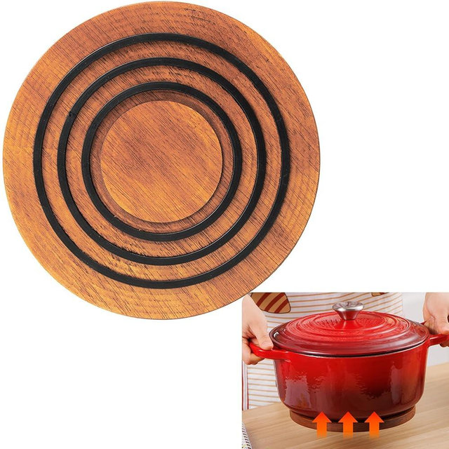 Magnetic Wooden Trivet, 8″, Acacia Walnut Wood, Compatible with le creuset Cast Iron Dutch Ovens, Scalloped Magnetic Trivet Wood, Kitchen Magnetic Pot Holder Five-Years Free Replacement