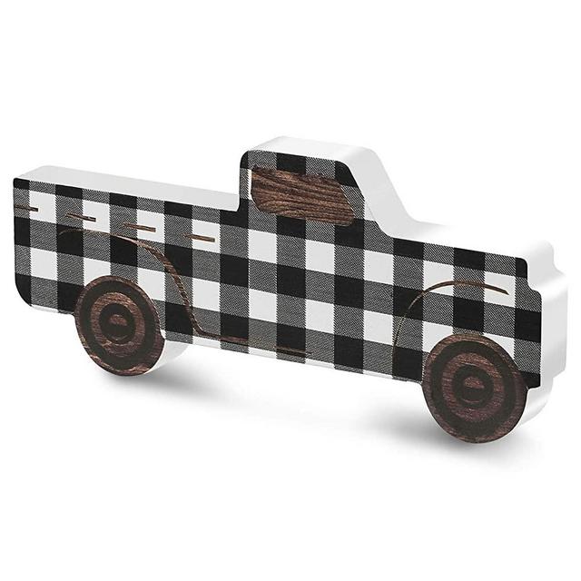 Rustic Wooden Pickup Truck, Black and White Plaid Wooden Pickup Truck Ornament, Wooden Pickup Truck Sign Decor for Window Shelf Desk and Home Decor