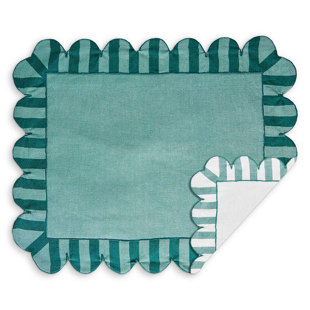 Misette Jardin Embroidered Linen Scalloped Stripe Double-Sided Placemats, Set of 4