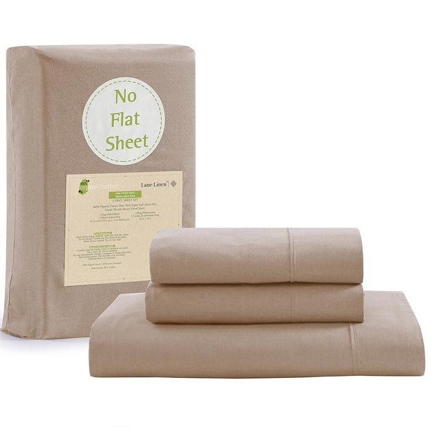 LANE LINEN King Fitted Sheet, 100% Organic Cotton, 3-Piece Set (1 Fitted Sheet,2 Pillowcases), Percale Weave, Ultra Soft, Breathable,Fits Mattress Upto 15" Deep - Taupe (No Flat Sheet)