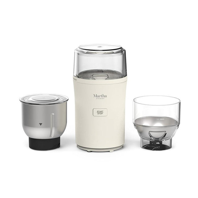 Martha Stewart Electric Coffee & Spice Grinder, Dual 2.5oz Removable Bowls, Storage Lids, Stainless Steel Blades, One Touch Pulse Control, 2-in-1 Compact, Beans & Spices, Herbs & Nuts, Linen White