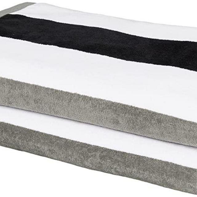 Amazon Basics Oversized Premium Cotton Beach Towel - Pop Stripe - Black/Dark Gray, 36" x 72", 2-Pack