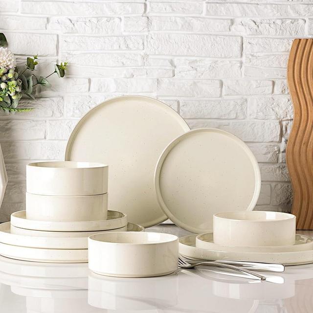 Dinnerware Set for 4, GBhome 12 Piece Speckled Plates and Bowls Set with Glazed Bottom, Chip and Scratch Resistant Stoneware Plates Set, Dishwasher & Microwave Safe Dishes Set, Light Beige