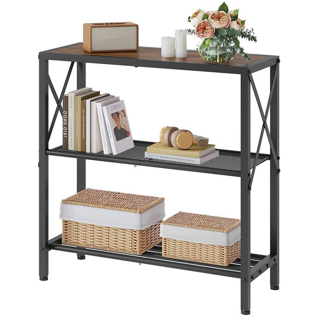 Hoctieon Industrial Console Table, 3 Tier Entryway Table, Metal Frame, Sofa Table with Shelf, Hallway Table, Entrance Table for Entryway, Living Room, Foyer, Hallway, Rustic Brown&Black